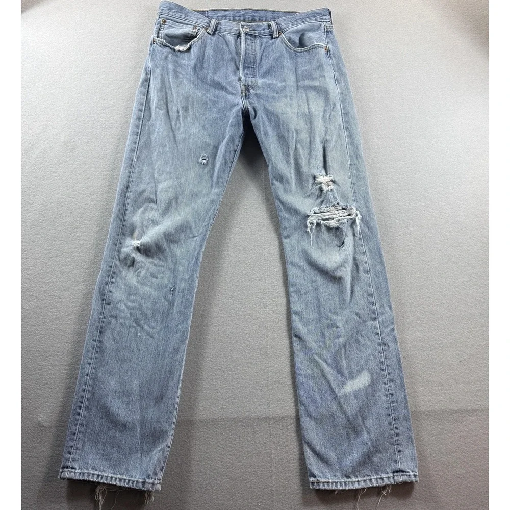 Levis 501 Jeans Mens 34x34 (Fit 32x31) Light Wash Straight Distressed Denim